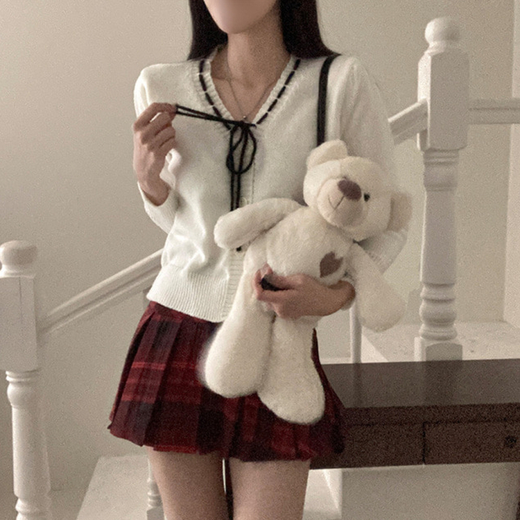 패리스 배색 끈 리본 가디건 니트 아이보리