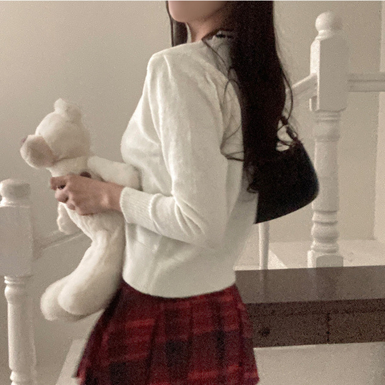 패리스 배색 끈 리본 가디건 니트 아이보리