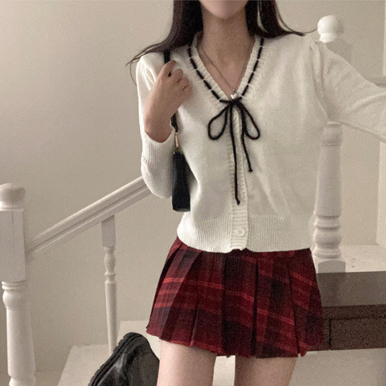 패리스 배색 끈 리본 가디건 니트 아이보리