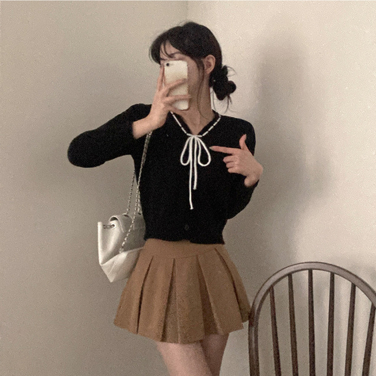 패리스 배색 끈 리본 가디건 니트 블랙