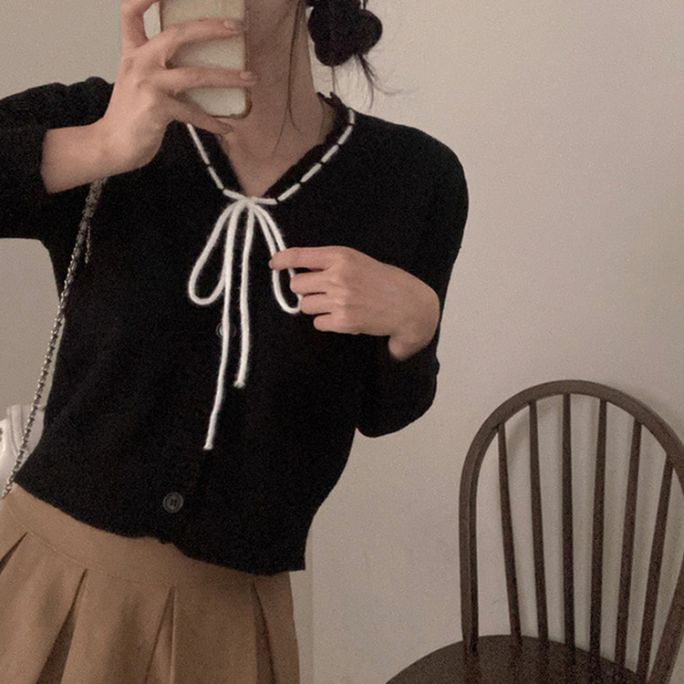 패리스 배색 끈 리본 가디건 니트 블랙