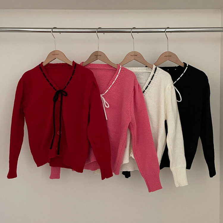 패리스 배색 끈 리본 가디건 니트