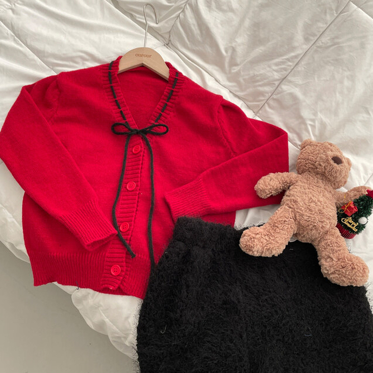 패리스 배색 끈 리본 가디건 니트