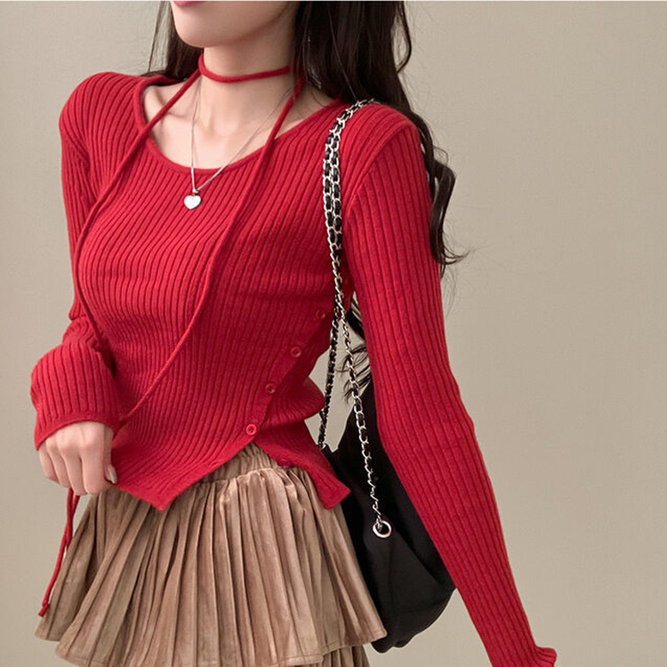 웨스턴 유넥 사선 버튼 트임 골지 초커 세트 니트 레드