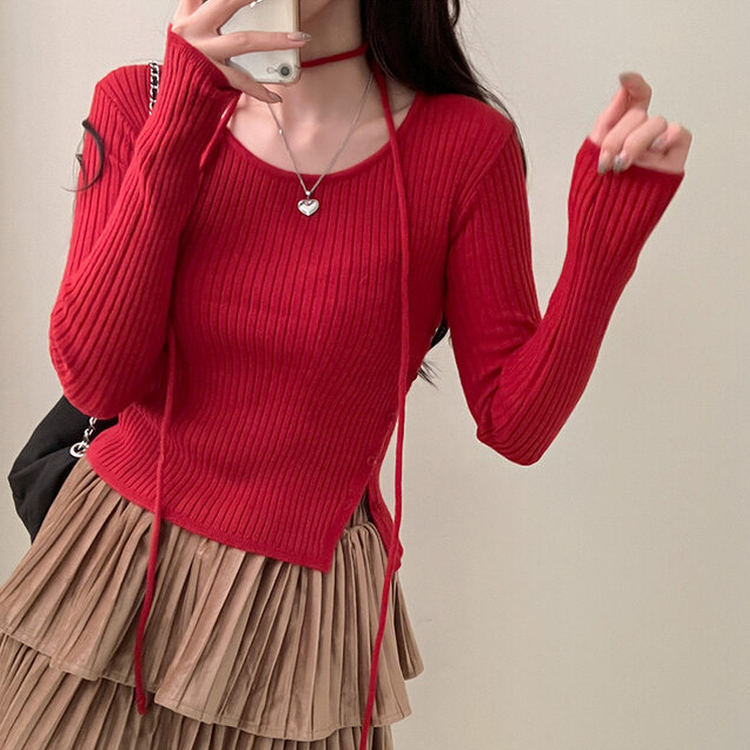 웨스턴 유넥 사선 버튼 트임 골지 초커 세트 니트 레드