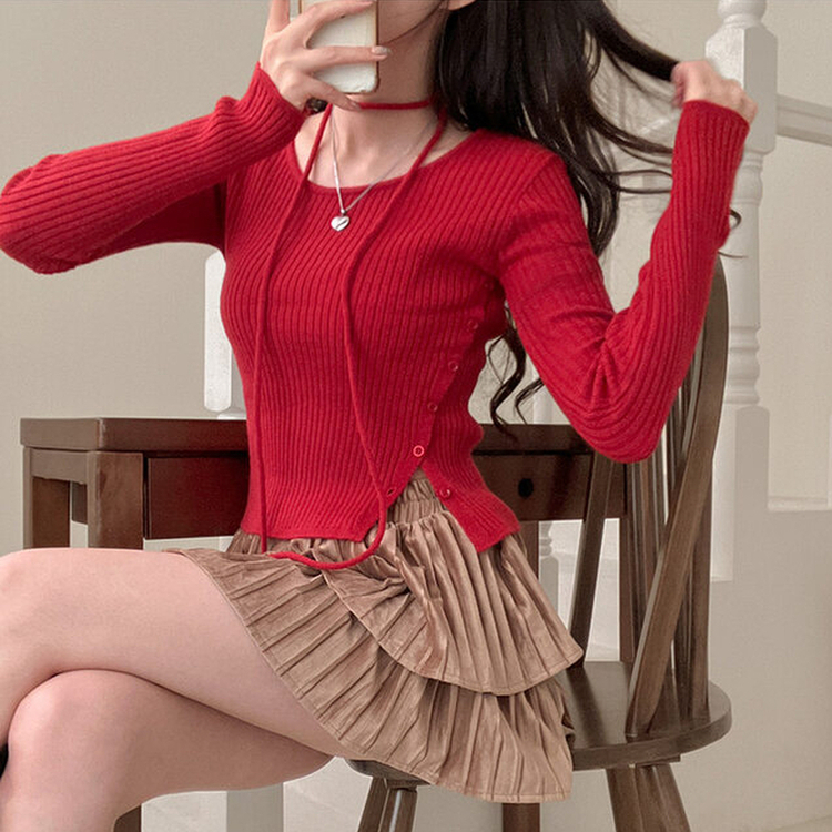 웨스턴 유넥 사선 버튼 트임 골지 초커 세트 니트 레드