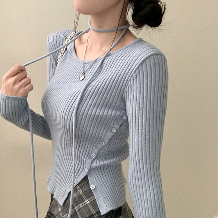 웨스턴 유넥 사선 버튼 트임 골지 초커 세트 니트 소라