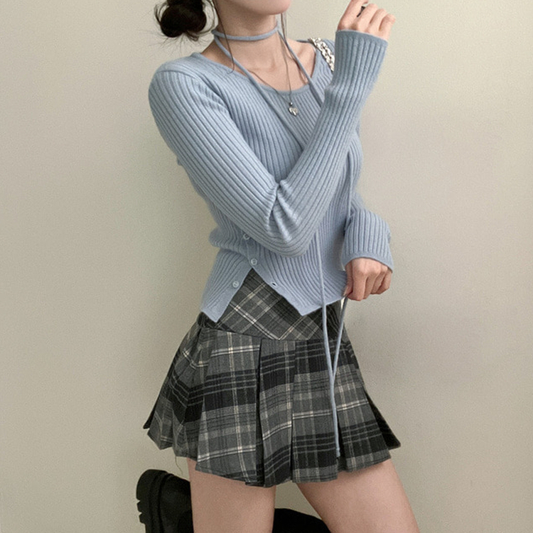 웨스턴 유넥 사선 버튼 트임 골지 초커 세트 니트 소라