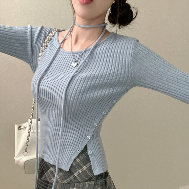 웨스턴 유넥 사선 버튼 트임 골지 초커 세트 니트 소라