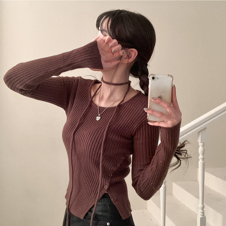 웨스턴 유넥 사선 버튼 트임 골지 초커 세트 니트 브라운