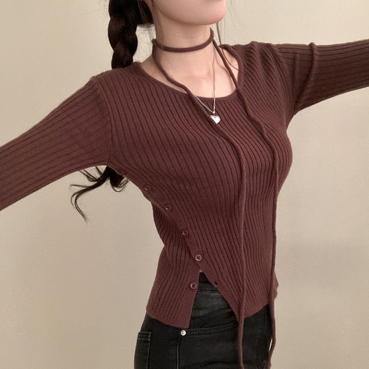 웨스턴 유넥 사선 버튼 트임 골지 초커 세트 니트 브라운