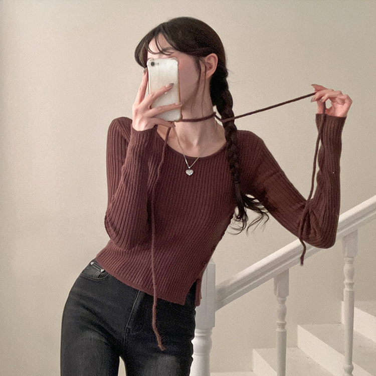 웨스턴 유넥 사선 버튼 트임 골지 초커 세트 니트 브라운