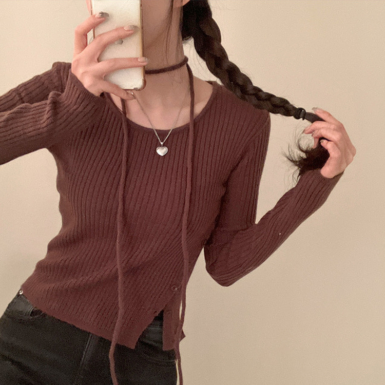 웨스턴 유넥 사선 버튼 트임 골지 초커 세트 니트 브라운