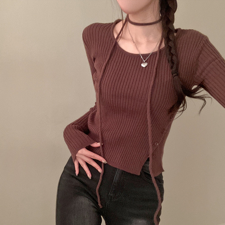 웨스턴 유넥 사선 버튼 트임 골지 초커 세트 니트 브라운