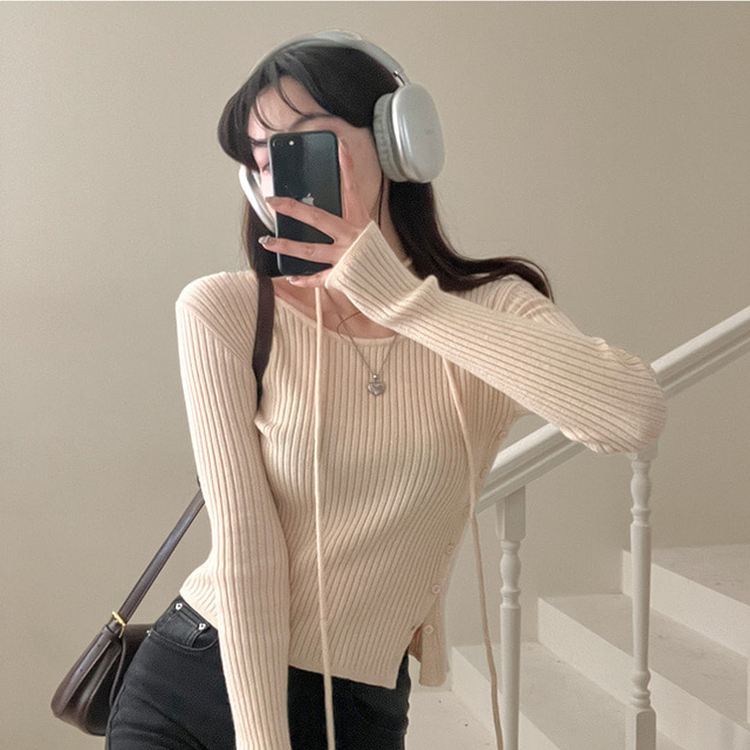 웨스턴 유넥 사선 버튼 트임 골지 초커 세트 니트 연베이지