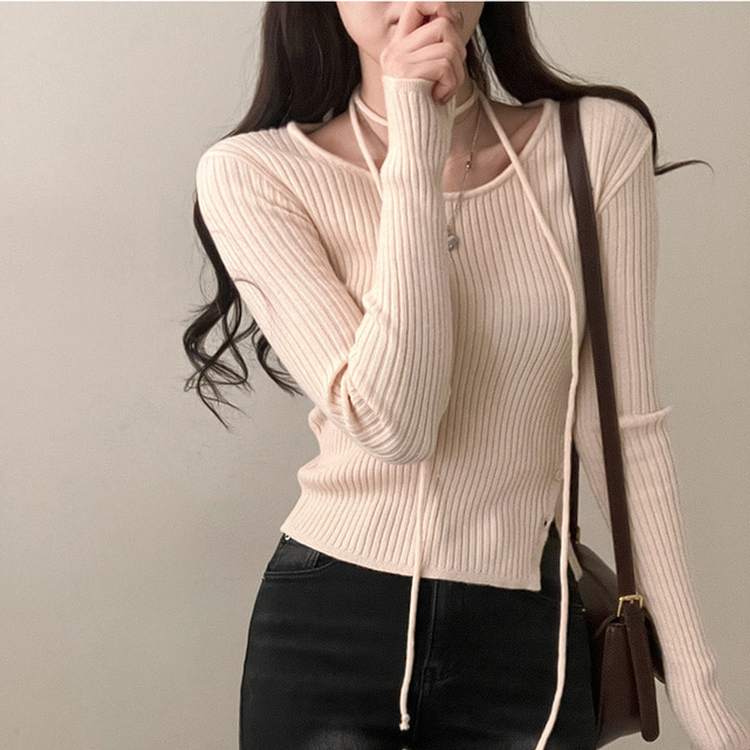 웨스턴 유넥 사선 버튼 트임 골지 초커 세트 니트 연베이지