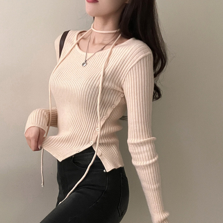 웨스턴 유넥 사선 버튼 트임 골지 초커 세트 니트 연베이지