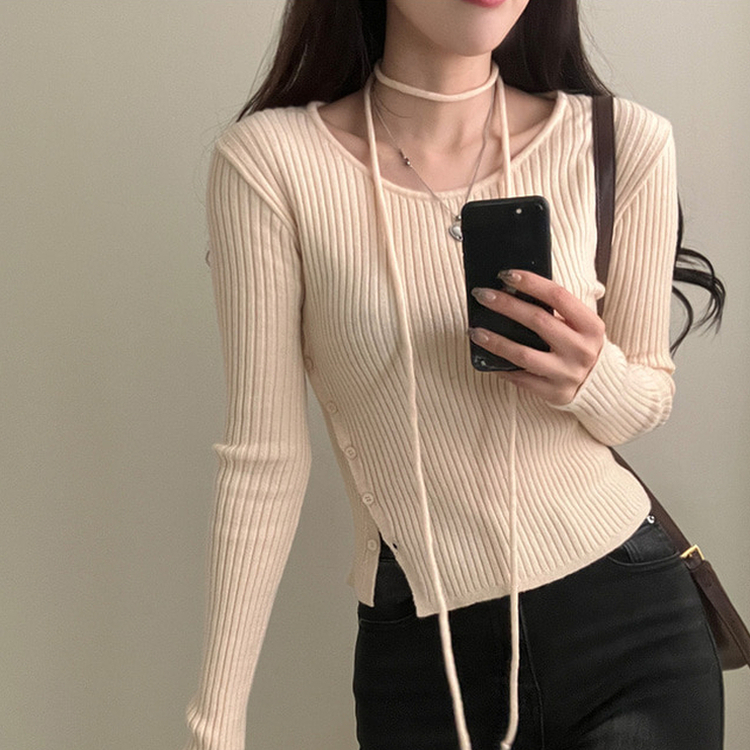 웨스턴 유넥 사선 버튼 트임 골지 초커 세트 니트 연베이지