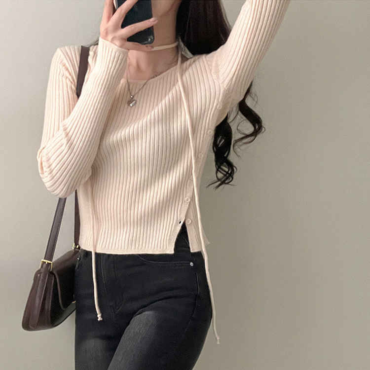 웨스턴 유넥 사선 버튼 트임 골지 초커 세트 니트 연베이지