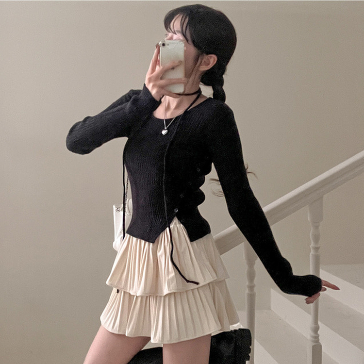 웨스턴 유넥 사선 버튼 트임 골지 초커 세트 니트 블랙