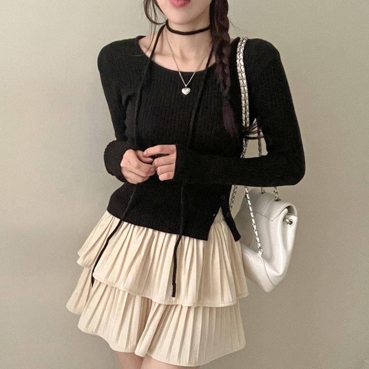 웨스턴 유넥 사선 버튼 트임 골지 초커 세트 니트 블랙