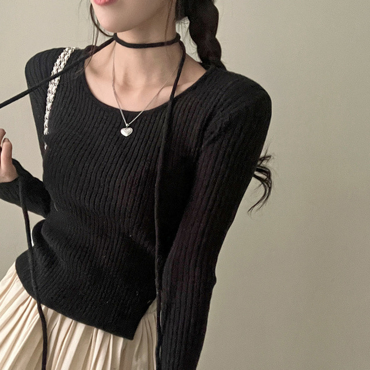 웨스턴 유넥 사선 버튼 트임 골지 초커 세트 니트 블랙