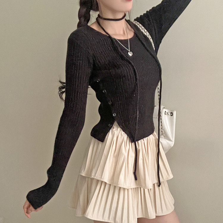 웨스턴 유넥 사선 버튼 트임 골지 초커 세트 니트 블랙