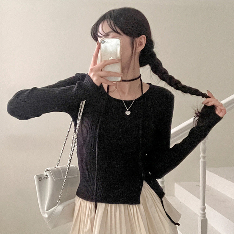 웨스턴 유넥 사선 버튼 트임 골지 초커 세트 니트 블랙