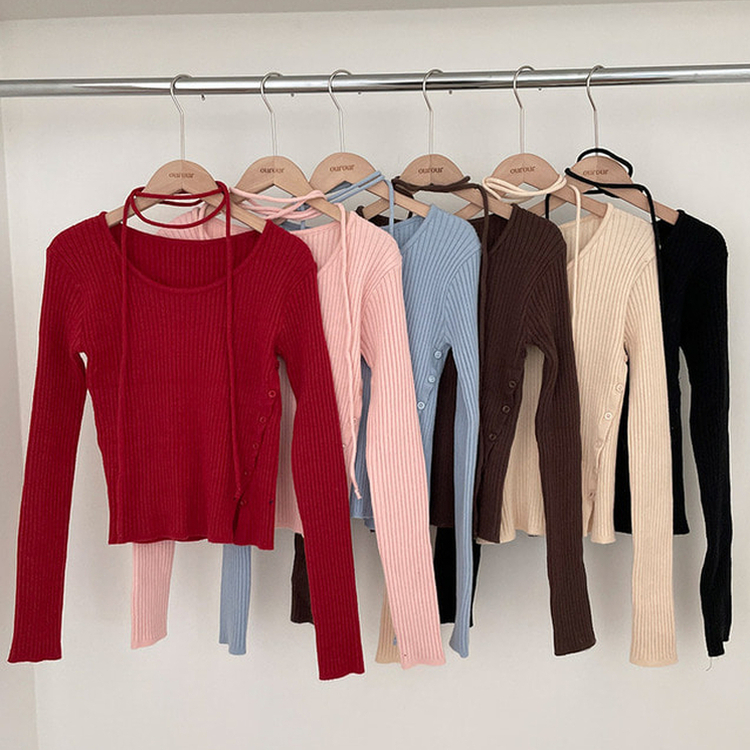 웨스턴 유넥 사선 버튼 트임 골지 초커 세트 니트