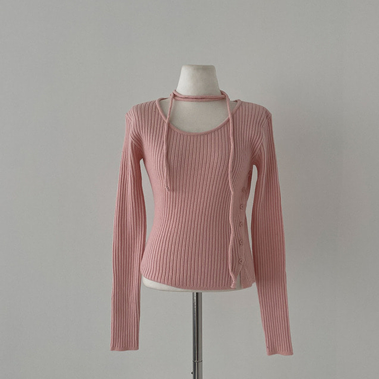 웨스턴 유넥 사선 버튼 트임 골지 초커 세트 니트