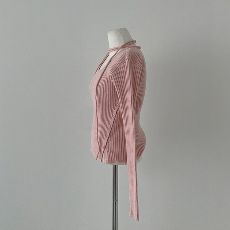 웨스턴 유넥 사선 버튼 트임 골지 초커 세트 니트