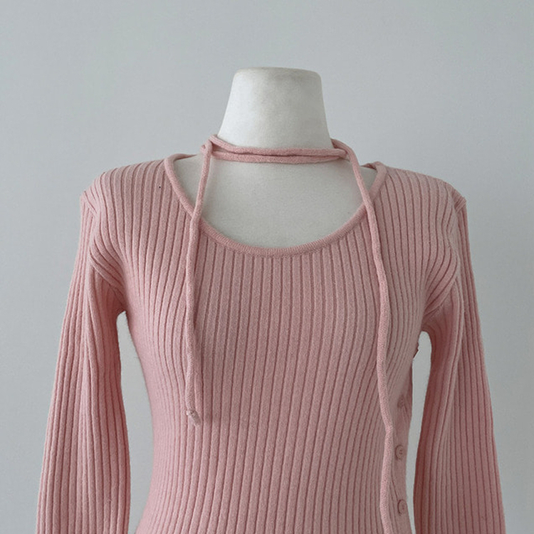 웨스턴 유넥 사선 버튼 트임 골지 초커 세트 니트