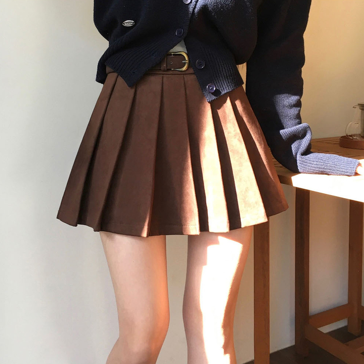 ベルト付き】モカスエードプリーツスカート｜ミニスカート｜韓国