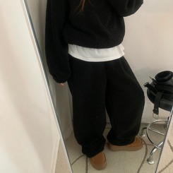【SET】ボアフリースベアニット ストリングロングパンツ BLACK