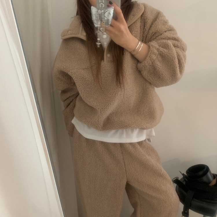 【SET】ボアフリースベアニット ストリングロングパンツ DEEP BEIGE