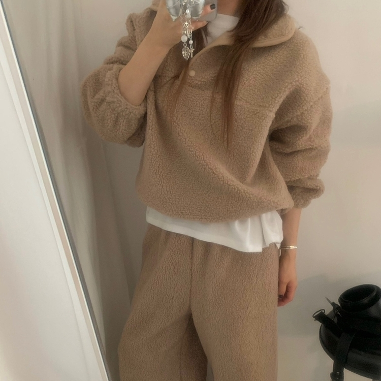 【SET】ボアフリースベアニット ストリングロングパンツ DEEP BEIGE