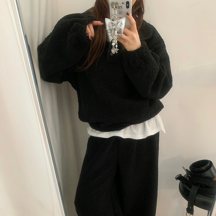 【SET】ボアフリースベアニット ストリングロングパンツ BLACK