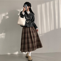 모아 도톰 뒷밴딩 체크 플리츠 롱 스커트 브라운