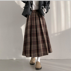 모아 도톰 뒷밴딩 체크 플리츠 롱 스커트 브라운