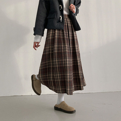 모아 도톰 뒷밴딩 체크 플리츠 롱 스커트 브라운