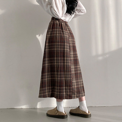 모아 도톰 뒷밴딩 체크 플리츠 롱 스커트 브라운