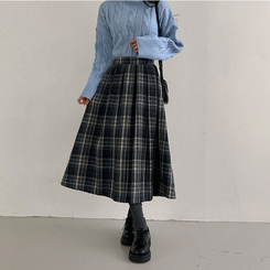 모아 도톰 뒷밴딩 체크 플리츠 롱 스커트 네이비
