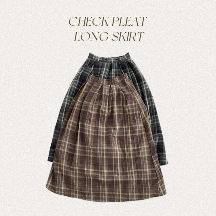 모아 도톰 뒷밴딩 체크 플리츠 롱 스커트
