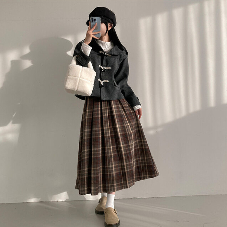 모아 도톰 뒷밴딩 체크 플리츠 롱 스커트 브라운