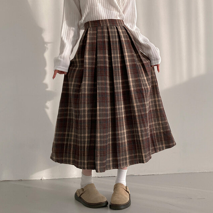 모아 도톰 뒷밴딩 체크 플리츠 롱 스커트 브라운