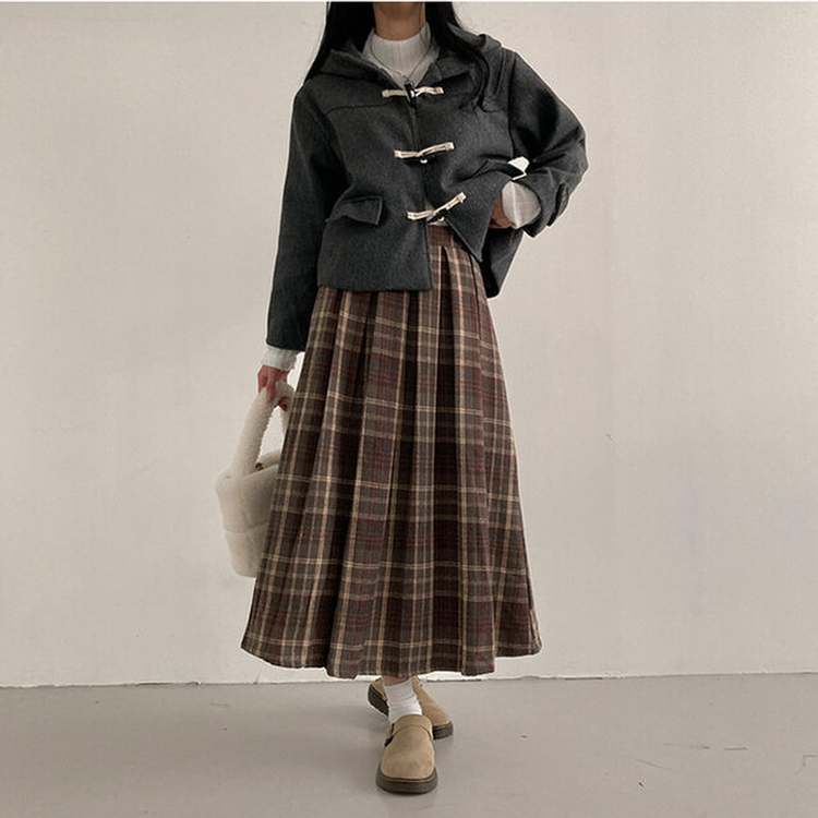 모아 도톰 뒷밴딩 체크 플리츠 롱 스커트 브라운