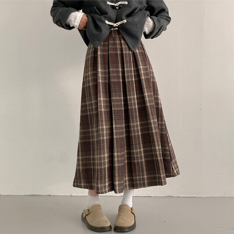 모아 도톰 뒷밴딩 체크 플리츠 롱 스커트 브라운