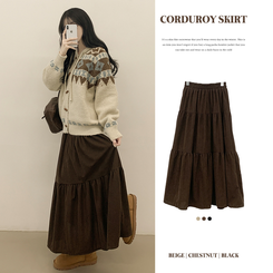 모리걸 아메카지 빈티지 골덴 밴딩 캉캉 롱스커트 밤색