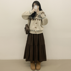 모리걸 아메카지 빈티지 골덴 밴딩 캉캉 롱스커트 밤색