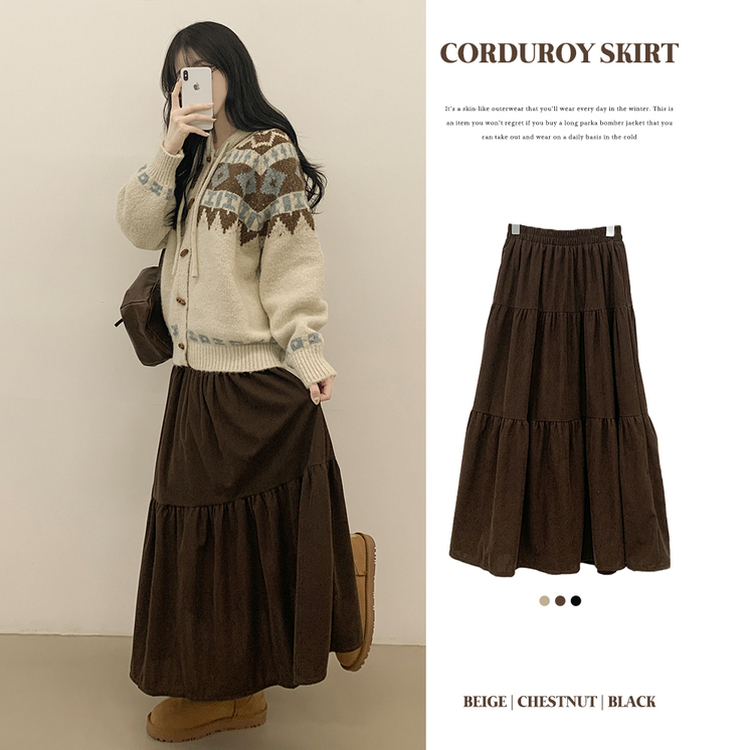 모리걸 아메카지 빈티지 골덴 밴딩 캉캉 롱스커트 밤색